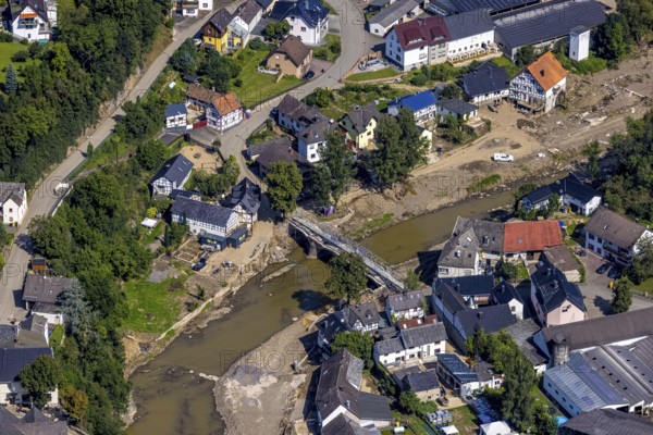 Aerial view, flood area with river Ahr and bridge damage Domhofstraße in Schuld, Ahr valley, Rhineland-Palatinate, Germany, Ahr flood, bridges, DE, Europe, flood disaster, flood wave, flood disaster, flood of the century, aerial view, aerial photography, aerial photography, aerial photography, Schuld, heavy rain, overview, bird's eye view, overview, flooding, flooding, flood area