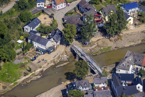 Aerial view, flood area with river Ahr and bridge damage Domhofstraße in Schuld, Ahr valley, Rhineland-Palatinate, Germany, Ahr flood, bridges, DE, Europe, flood disaster, flood wave, flood disaster, flood of the century, aerial view, aerial photography, aerial photography, aerial photography, Schuld, heavy rain, overview, bird's eye view, overview, flooding, flooding, flood area