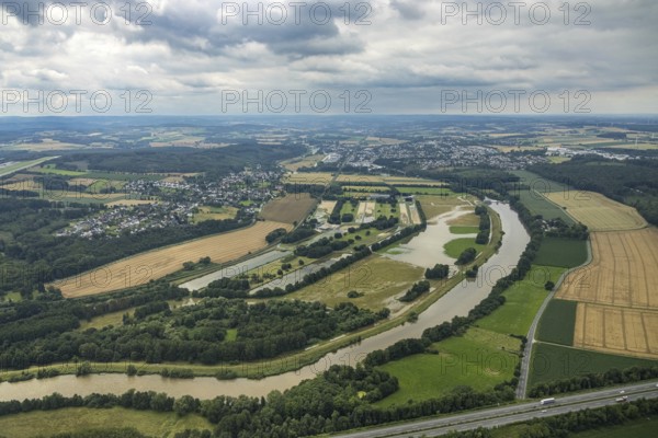 Aerial photo, Ruhr flood, barrage Ense Wickede, flood after heavy rainfall, Waltringen, Ense, Sauerland, North Rhine-Westphalia, Germany, DE, Europe, birds-eyes view, aerial photo, aerial photography, aerial photography, overview, overview, bird's eye view, flood, Möhne, Möesee