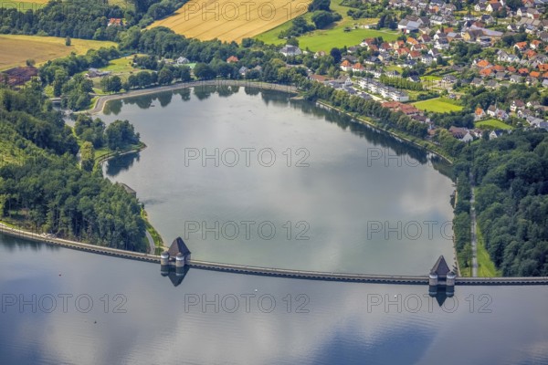 Aerial view, flood after heavy rainfall, Möhne dam with water level, Möhne dam wall, Günne, Lake Möhne, Sauerland, North Rhine-Westphalia, Germany, DE, Europe, birds-eyes view, aerial view, aerial photography, aerial photography, overview, bird's eye view, flood, Möhne river