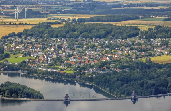 Aerial view, flood after heavy rainfall, Möhne dam with water level, Möhne dam wall, Günne, Lake Möhne, Sauerland, North Rhine-Westphalia, Germany, DE, Europe, birds-eyes view, aerial view, aerial photography, aerial photography, overview, bird's eye view, flood, Möhne river