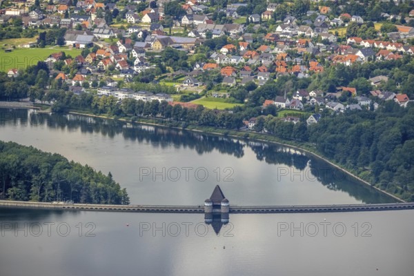 Aerial view, flood after heavy rainfall, Möhne dam with water level, Möhne dam wall, Günne, Lake Möhne, Sauerland, North Rhine-Westphalia, Germany, DE, Europe, birds-eyes view, aerial view, aerial photography, aerial photography, overview, bird's eye view, flood, Möhne river