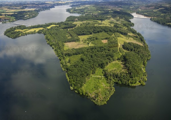 Aerial view, flood after heavy rainfall, Möhne dam with water level, Günne, Lake Möhne, Sauerland, North Rhine-Westphalia, Germany, DE, Europe, birds-eyes view, aerial view, aerial photography, aerial photography, overview, bird's eye view, flood, Möhne river