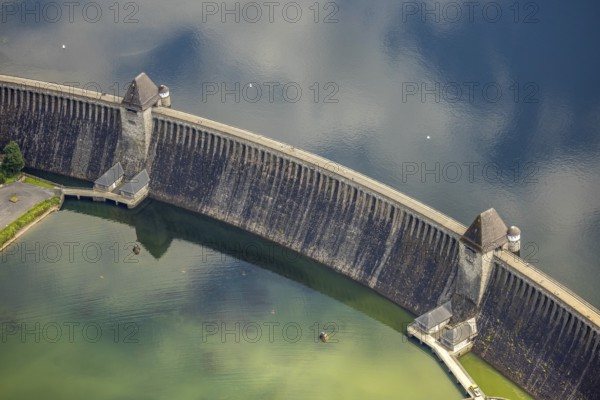 Aerial view, flood after heavy rainfall, Möhne dam with water level, Günne, Lake Möhne, Sauerland, North Rhine-Westphalia, Germany, DE, Europe, birds-eyes view, aerial view, aerial photography, aerial photography, overview, bird's eye view, flood, Möhne river