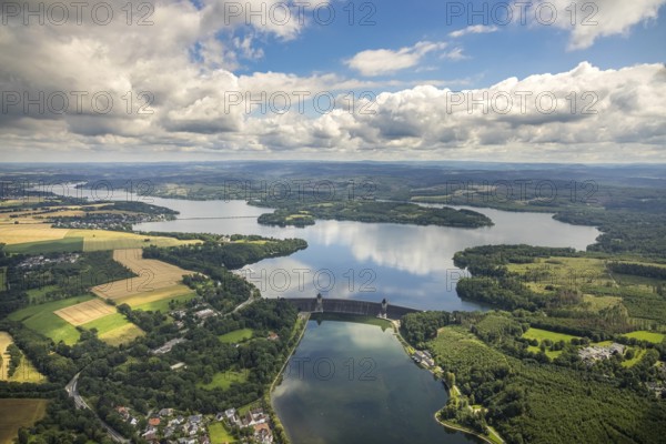 Aerial view, flood after heavy rainfall, Möhne dam with water level, Günne, Lake Möhne, Sauerland, North Rhine-Westphalia, Germany, DE, Europe, birds-eyes view, aerial view, aerial photography, aerial photography, overview, bird's eye view, flood, Möhne river