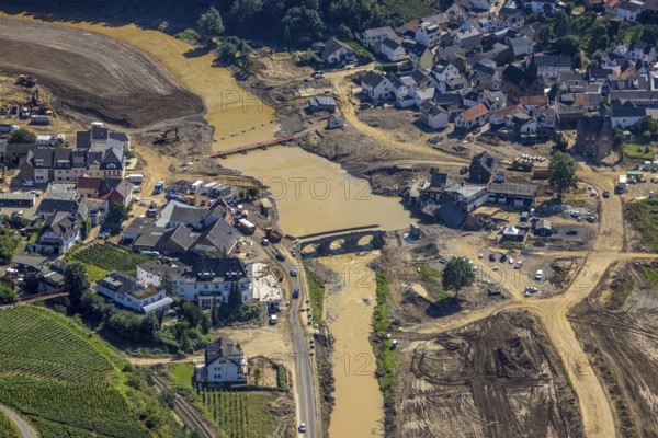 Aerial view, flood area at the river Ahr in the district of Rech, Altenahr, Ahr valley, Rhineland-Palatinate, Germany, Ahr flood, DE, Europe, flood disaster, flood disaster, flood of the century, aerial photograph, aerial photography, aerial photography, Mayschoß, Rech, overview, bird's-eye view, overview, flooding, flooding