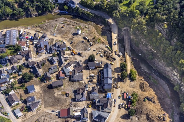 Aerial view, flood area with river Ahr and bridge damage in Schuld, Ahr valley, Rhineland-Palatinate, Germany, Ahr flood, bridges, DE, Europe, flood disaster, flood wave, flood disaster, flood of the century, aerial photograph, aerial photography, aerial photography, Schuld, heavy rain, overview, bird's-eye view, overview, flooding, flooding, flood area