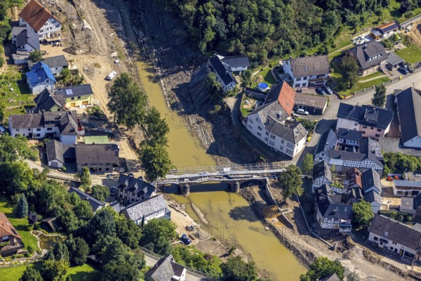 Aerial view, flood area with river Ahr and bridge damage in Schuld, Ahr valley, Rhineland-Palatinate, Germany, Ahr flood, bridges, DE, Europe, flood disaster, flood wave, flood disaster, flood of the century, aerial photograph, aerial photography, aerial photography, Schuld, heavy rain, overview, bird's-eye view, overview, flooding, flooding, flood area