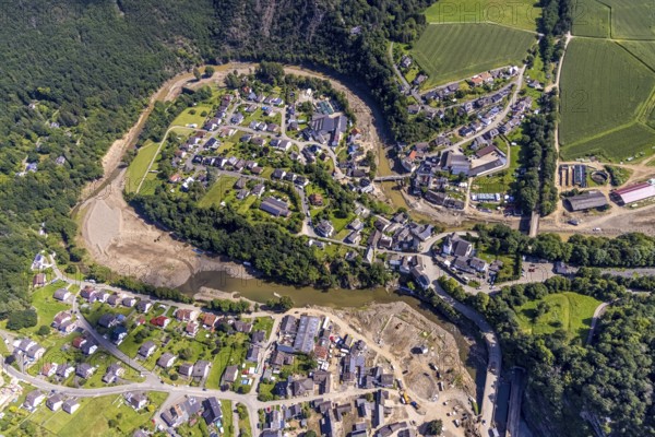 Aerial photograph, flood area with river Ahr in Schuld, Ahr valley, Rhineland-Palatinate, Germany, Ahr flood, DE, Europe, flood disaster, flood wave, flood disaster, flood of the century, aerial photograph, aerial photography, aerial photography, Schuld, heavy rain, overview, bird's-eye view, overview, flooding, flooding, flood area