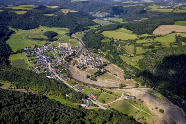 Aerial photograph, flood area at the river Ahr in Insul, Ahr valley, Rhineland-Palatinate, Germany, Ahr flood, mountains and valleys, DE, Dümpelfeld, Europe, flood disaster, flood, flood disaster, hilly landscape, flood of the century, aerial photograph, aerial photography, aerial photography, guilt, overview, bird's-eye view, overview, flooding, flooding, flood area