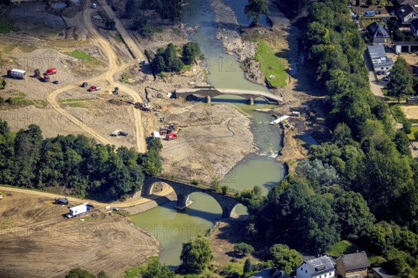 Aerial view, flood area at the river Ahr with destroyed bridge in the district of Dümpelfeld, Adenau, Ahr valley, Rhineland-Palatinate, Germany, Ahr flood, bridges, DE, Europe, flood disaster, flood, flood disaster, Insul, flood of the century, aerial view, aerial photography, aerial photography, overview, bird's-eye view, overview, flooding, flooding, flood area