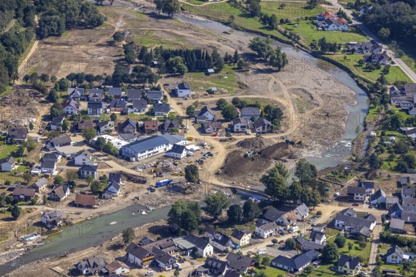 Aerial view, flood area at the river Ahr in Insul, Ahr valley, Rhineland-Palatinate, Germany, Ahr flood, mountains and valleys, bridge, DE, Europe, flood disaster, flood, flood disaster, hilly landscape, Insul, flood of the century, aerial view, aerial photography, aerial photography, aerial photography, guilt, overview, bird's-eye view, overview, flooding, flooding, flood area