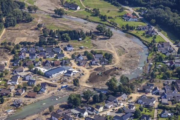 Aerial view, flood area at the river Ahr in Insul, Ahr valley, Rhineland-Palatinate, Germany, Ahr flood, mountains and valleys, bridge, DE, Europe, flood disaster, flood, flood disaster, hilly landscape, Insul, flood of the century, aerial view, aerial photography, aerial photography, aerial photography, guilt, overview, bird's-eye view, overview, flooding, flooding, flood area