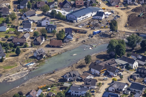 Aerial view, flood area at the river Ahr in Insul, Ahr valley, Rhineland-Palatinate, Germany, Ahr flood, mountains and valleys, bridge, DE, Europe, flood disaster, flood, flood disaster, hilly landscape, Insul, flood of the century, aerial view, aerial photography, aerial photography, aerial photography, guilt, overview, bird's-eye view, overview, flooding, flooding, flood area