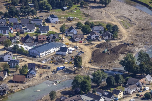 Aerial view, flood area at the river Ahr in Insul, Ahr valley, Rhineland-Palatinate, Germany, Ahr flood, mountains and valleys, bridge, DE, Europe, flood disaster, flood, flood disaster, hilly landscape, Insul, flood of the century, aerial view, aerial photography, aerial photography, aerial photography, guilt, overview, bird's-eye view, overview, flooding, flooding, flood area