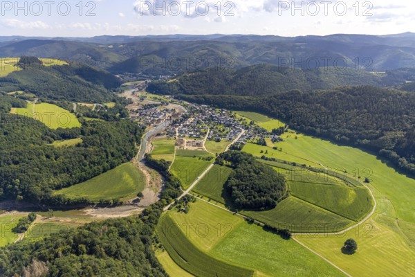 Aerial view, flood area at the river Ahr in Insul, Ahr valley, Rhineland-Palatinate, Germany, Ahr flood, mountains and valleys, DE, Europe, flood disaster, flood, flood disaster, hilly landscape, flood of the century, aerial photograph, aerial photography, aerial photography, aerial photography, guilt, overview, bird's-eye view, overview, flooding, flooding, flood area