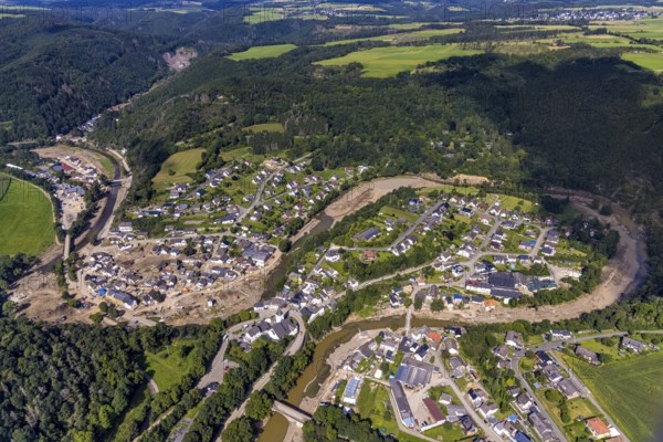 Aerial photograph, flood area with river Ahr in Schuld, Ahr valley, Rhineland-Palatinate, Germany, Ahr flood, DE, Europe, flood disaster, flood wave, flood disaster, flood of the century, aerial photograph, aerial photography, aerial photography, Schuld, heavy rain, overview, bird's-eye view, overview, flooding, flooding, flood area