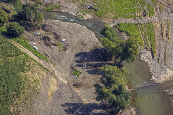 Aerial view, flood area at the river Ahr with waste in Schuld, Ahr valley, Rhineland-Palatinate, Germany, Ahr flood, DE, Europe, flood disaster, flood, flood disaster, flood of the century, aerial photograph, aerial photography, aerial photography, Schuld, overview, bird's-eye view, overview, flooding, flooding, flood area