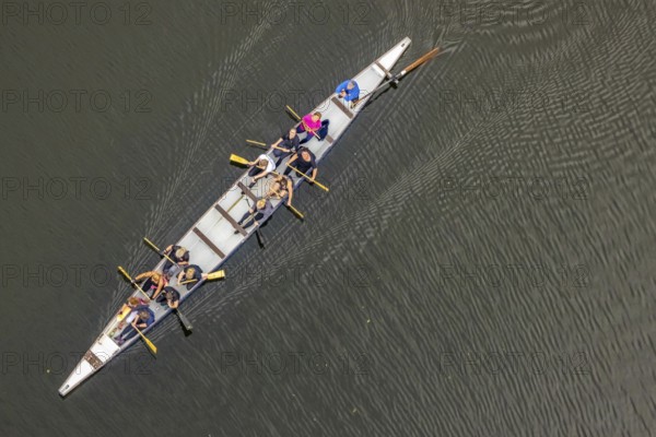 Aerial view, break while boating on the Kemnader Lake in the district Ostherbede in Witten, Ruhr area, North Rhine-Westphalia, Germany, boat, DE, Europe, canoe, aerial view, aerial photography, aerial photography, overview, bird's eye view, Witten, birds-eyes view, overview, rowing