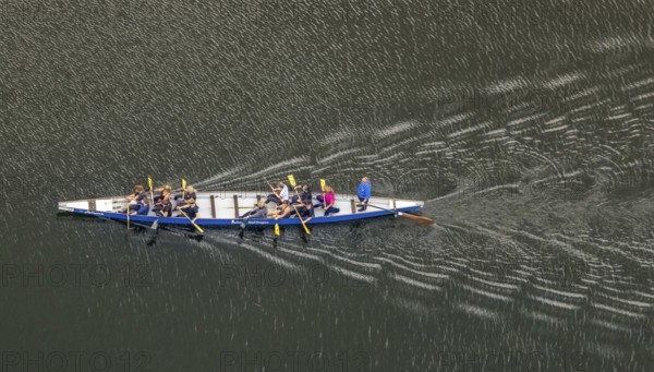 Aerial view, break while boating on the Kemnader Lake in the district Ostherbede in Witten, Ruhr area, North Rhine-Westphalia, Germany, boat, DE, Europe, canoe, aerial view, aerial photography, aerial photography, overview, bird's eye view, Witten, birds-eyes view, overview, rowing