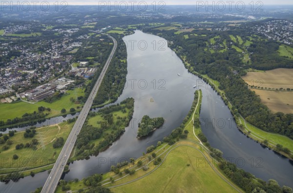 Aerial view, Lake Kemnader with excursion boats in the district Ostherbede in Witten, Ruhr area, North Rhine-Westphalia, Germany, DE, Europe, aerial view, aerial photography, aerial photography, overview, bird's eye view, Witten, birds-eyes view, overview