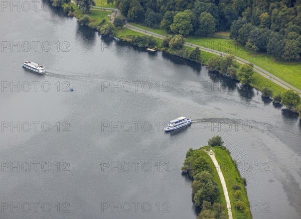 Aerial view, Lake Kemnader with excursion boats in the district Ostherbede in Witten, Ruhr area, North Rhine-Westphalia, Germany, DE, Europe, aerial view, aerial photography, aerial photography, overview, bird's eye view, Witten, birds-eyes view, overview