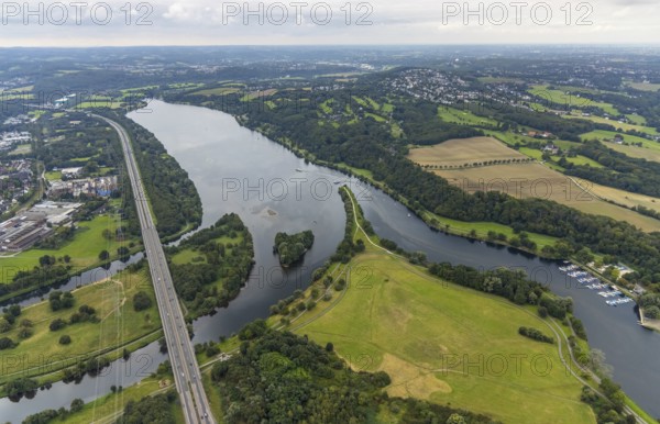 Aerial view, Kemnader Lake and motorway A43 in the district Ostherbede in Witten, Ruhr area, North Rhine-Westphalia, Germany, DE, Europe, river Ruhr, aerial view, aerial photography, aerial photography, lake, overview, bird's eye view, Witten, birds-eyes view, overview