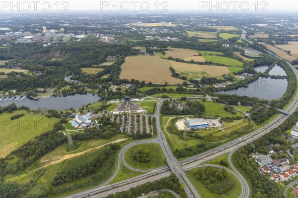 Aerial photo, tent festival at Lake Kemnader with corona-related beach chair edition 2021 in the Heven district of Witten, Ruhr area, North Rhine-Westphalia, Germany, distance rule, Corona crisis, Corona measures, Covid-19, DE, Europe, hygiene measures, culture, art, aerial photography, aerial photography, aerial photography, beach chairs, overview, events, venue, event location, bird's eye view, Witten, ZFR, birds-eyes view, cultural use, overview