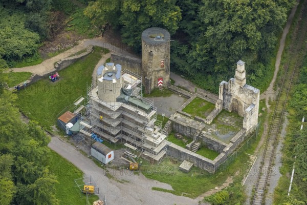 Aerial view, castle ruin Hardenstein renovation in the district Vormholz in Witten, Ruhr area, North Rhine-Westphalia, Germany, DE, Europe, aerial view, aerial photography, aerial photography, overview, bird's eye view, Witten, birds-eyes view, overview