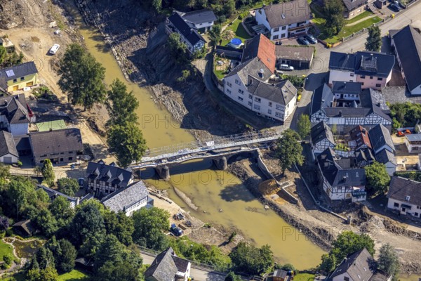 Aerial view, flood area with river Ahr and bridge damage Domhofstraße in Schuld, Ahr valley, Rhineland-Palatinate, Germany, Ahr flood, bridges, DE, Europe, flood disaster, flood wave, flood disaster, flood of the century, aerial view, aerial photography, aerial photography, aerial photography, Schuld, heavy rain, overview, bird's eye view, overview, flooding, flooding, flood area