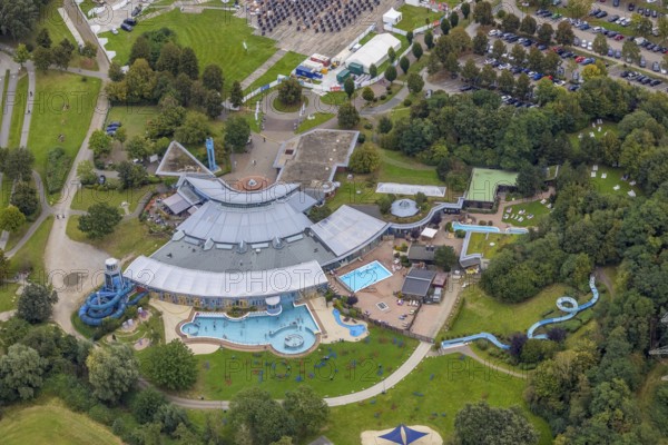 Aerial view, Heveney leisure pool at Lake Kemnader in the district of Heven in Witten, Ruhr area, North Rhine-Westphalia, Germany, DE, Europe, leisure facility, leisure pool, leisure activities, leisure enjoyment, leisure centre, indoor pool, aerial view, aerial photography, aerial photography, overview, bird's eye view, Witten, birds-eyes view, overview