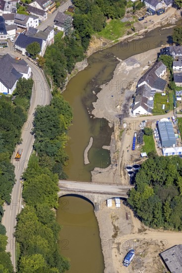 Aerial view, flood area with river Ahr and bridge damage in Schuld, Ahr valley, Rhineland-Palatinate, Germany, Ahr flood, bridges, DE, Europe, flood disaster, flood wave, flood disaster, flood of the century, aerial photograph, aerial photography, aerial photography, Schuld, heavy rain, overview, bird's-eye view, overview, flooding, flooding, flood area
