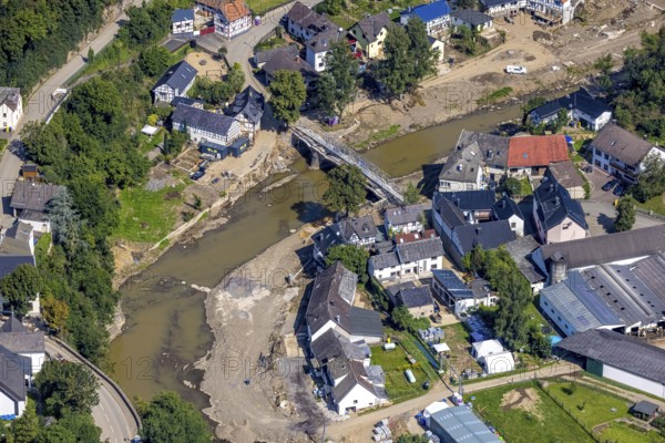 Aerial view, flood area with river Ahr and bridge damage Domhofstraße in Schuld, Ahr valley, Rhineland-Palatinate, Germany, Ahr flood, bridges, DE, Europe, flood disaster, flood wave, flood disaster, flood of the century, aerial view, aerial photography, aerial photography, aerial photography, Schuld, heavy rain, overview, bird's eye view, overview, flooding, flooding, flood area