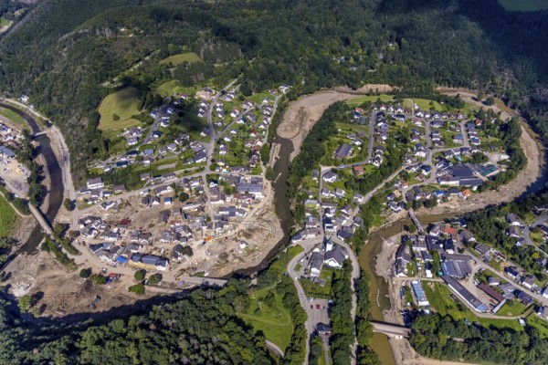 Aerial photograph, flood area with river Ahr in Schuld, Ahr valley, Rhineland-Palatinate, Germany, Ahr flood, DE, Europe, flood disaster, flood wave, flood disaster, flood of the century, aerial photograph, aerial photography, aerial photography, Schuld, heavy rain, overview, bird's-eye view, overview, flooding, flooding, flood area