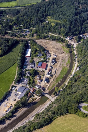 Aerial view, flood area with river Ahr and bridge damage in Schuld, Ahr valley, Rhineland-Palatinate, Germany, Ahr flood, bridges, DE, Europe, flood disaster, flood wave, flood disaster, flood of the century, aerial photograph, aerial photography, aerial photography, Schuld, heavy rain, overview, bird's-eye view, overview, flooding, flooding, flood area