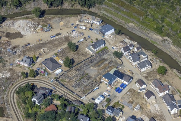 Aerial view, flood area at the river Ahr with cemetery Altenahr in Altenahr, Ahr valley, Rhineland-Palatinate, Germany, Ahr flood, Altenahr, burial site, DE, Europe, flood disaster, cemetery, memorial, Gottesacker, graves, cemetery, flood disaster, flood of the century, aerial photograph, aerial photography, aerial photography, resting place, overview, bird's-eye view, overview, flooding, flooding, flood area
