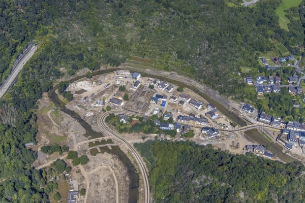 Aerial view, flood area at the river Ahr with cemetery Altenahr in Altenahr, Ahr valley, Rhineland-Palatinate, Germany, Ahr flood, Altenahr, burial site, DE, Europe, flood disaster, cemetery, memorial, Gottesacker, graves, cemetery, flood disaster, flood of the century, aerial photograph, aerial photography, aerial photography, resting place, overview, bird's-eye view, overview, flooding, flooding, flood area