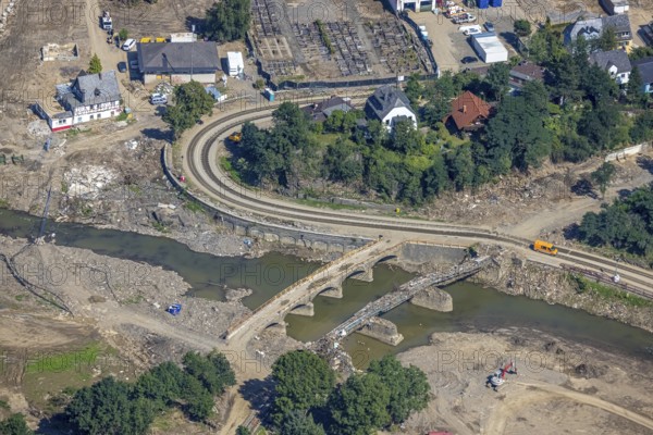 Aerial view, flood area at the river Ahr with destroyed bridge in Altenahr, Ahr valley, Rhineland-Palatinate, Germany, Ahr flood, Altenahr, DE, Europe, flood disaster, flood disaster, flood of the century, aerial photograph, aerial photography, aerial photography, overview, bird's-eye view, overview, flooding, flooding, flood area