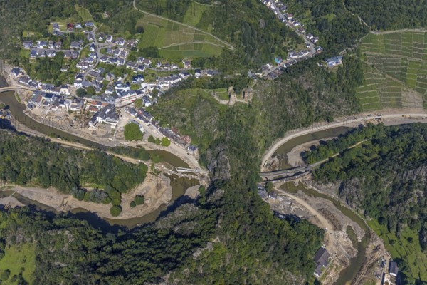 Aerial view, flood area at the river Ahr with destroyed bridges and tunnel entrances in Altenahr, Ahr valley, Rhineland-Palatinate, Germany, Ahr flood, Altenahr, DE, Europe, flood disaster, flood, flood disaster, flood of the century, aerial photograph, aerial photography, aerial photography, overview, bird's-eye view, overview, flooding, flooding, flood area