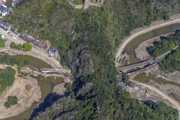 Aerial view, flood area at the river Ahr with destroyed bridges and tunnel entrances in Altenahr, Ahr valley, Rhineland-Palatinate, Germany, Ahr flood, Altenahr, DE, Europe, flood disaster, flood, flood disaster, flood of the century, aerial photograph, aerial photography, aerial photography, overview, bird's-eye view, overview, flooding, flooding, flood area