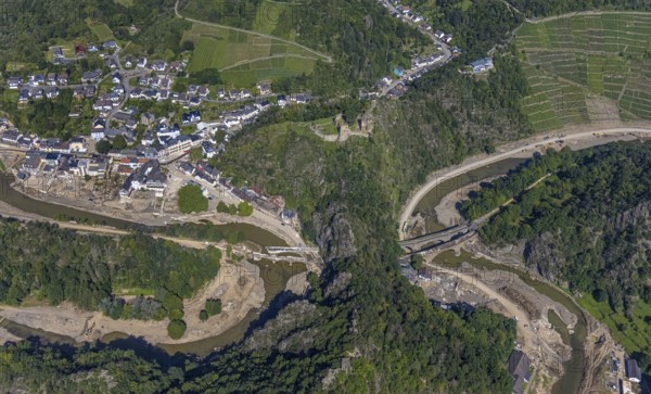 Aerial view, flood area at the river Ahr with destroyed bridges and tunnel entrances in Altenahr, Ahr valley, Rhineland-Palatinate, Germany, Ahr flood, Altenahr, DE, Europe, flood disaster, flood, flood disaster, flood of the century, aerial photograph, aerial photography, aerial photography, overview, bird's-eye view, overview, flooding, flooding, flood area
