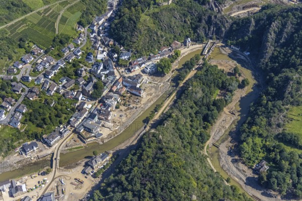Aerial view, flood area at the river Ahr with destroyed bridges and tunnel entrances in Altenahr, Ahr valley, Rhineland-Palatinate, Germany, Ahr flood, Altenahr, DE, Europe, flood disaster, flood, flood disaster, flood of the century, aerial photograph, aerial photography, aerial photography, overview, bird's-eye view, overview, flooding, flooding, flood area