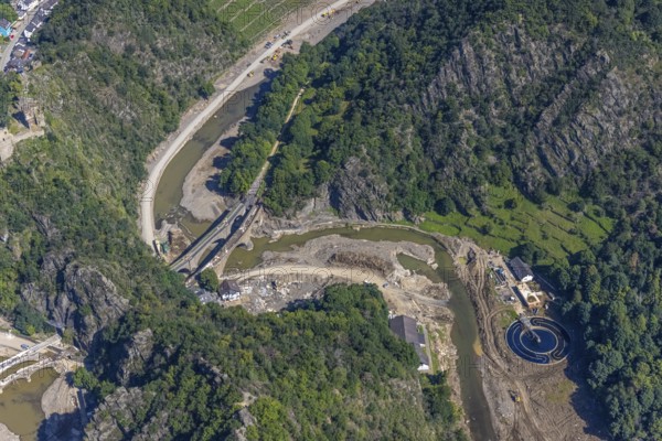 Aerial view, flood area at the river Ahr with destroyed bridges and tunnel entrances in Altenahr, Ahr valley, Rhineland-Palatinate, Germany, Ahr flood, Altenahr, DE, Europe, flood disaster, flood, flood disaster, flood of the century, sewage treatment plant Altenahr, sewage treatment plant, aerial view, aerial photography, aerial photography, overview, bird's-eye view, overview, flooding, flooding, flood area