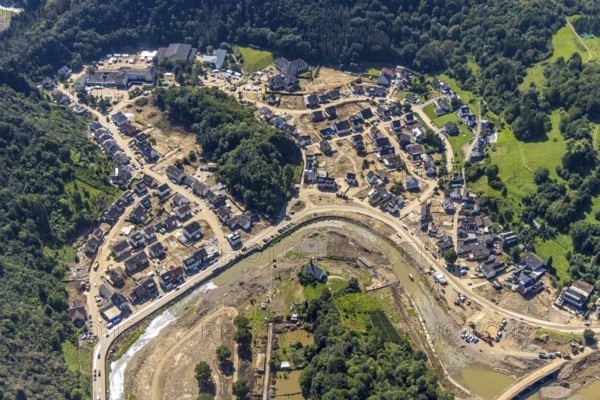 Aerial view, flood area on the river Ahr with Altenahr primary school and Maternus-Stift retirement centre in Altenahr, Ahr valley, Rhineland-Palatinate, Germany, Ahr flood, Altenahr, retirement home, old people's home, care and nursing, education, educational institution, DE, Europe, flood disaster, primary school, flood, flood disaster, flood of the century, educational institute, aerial photography, aerial photography, aerial photography, care facility, school, retirement home, retirement residence, retirement home, retirement centre, overview, bird's eye view, birds-eyes view, overview, flooding, flooding area
