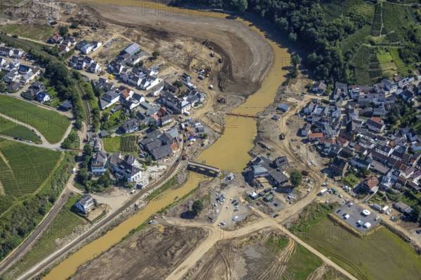 Aerial view, flood area at the river Ahr in the district of Rech, Altenahr, Ahr valley, Rhineland-Palatinate, Germany, Ahr flood, DE, Europe, flood disaster, flood disaster, flood of the century, aerial photograph, aerial photography, aerial photography, Mayschoß, Rech, overview, bird's-eye view, overview, flooding, flooding