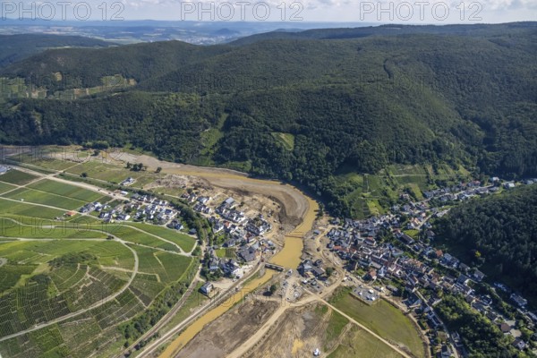 Aerial view, flood area at the river Ahr in the district of Rech, Altenahr, Ahr valley, Rhineland-Palatinate, Germany, Ahr flood, DE, Europe, flood disaster, flood disaster, flood of the century, aerial photograph, aerial photography, aerial photography, Mayschoß, Rech, overview, bird's-eye view, overview, flooding, flooding