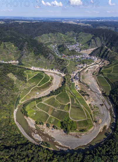 Aerial view, flood area at the river Ahr at vineyards in the districts Laach, Lochmühle and Mayschoß in Altenahr, Ahr valley, Rhineland-Palatinate, Germany, Ahr flood, Ahrschleife, Altenahr, DE, Europe, flood disaster, flood disaster of the century, aerial view, aerial photography, aerial photography, Mayschoß, overview, bird's eye view, vineyards, birds-eyes view, overview, flooding, flood area