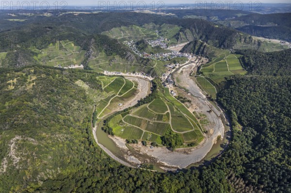Aerial view, flood area at the river Ahr at vineyards in the districts Laach, Lochmühle and Mayschoß in Altenahr, Ahr valley, Rhineland-Palatinate, Germany, Ahr flood, Ahrschleife, Altenahr, DE, Europe, flood disaster, flood disaster of the century, aerial view, aerial photography, aerial photography, Mayschoß, overview, bird's eye view, vineyards, birds-eyes view, overview, flooding, flood area