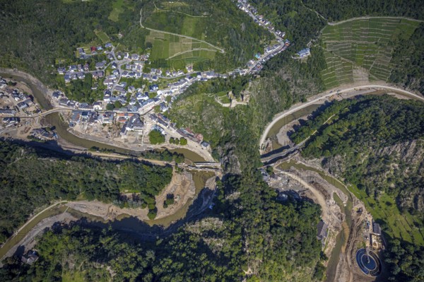 Aerial view, flood area at the river Ahr with destroyed bridges and tunnel entrances in Altenahr, Ahr valley, Rhineland-Palatinate, Germany, Ahr flood, Altenahr, DE, Europe, flood disaster, flood, flood disaster, flood of the century, aerial photograph, aerial photography, aerial photography, overview, bird's-eye view, overview, flooding, flooding, flood area