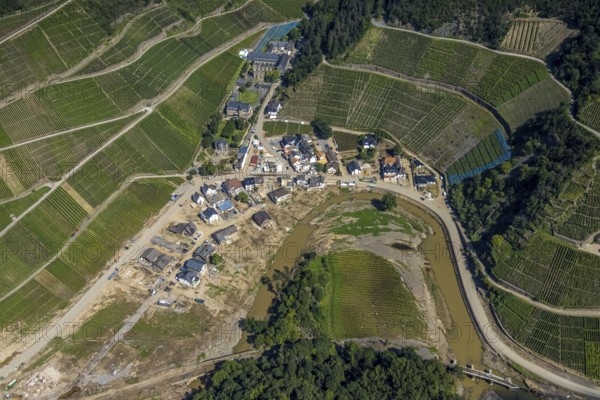 Aerial view, flood area at the river Ahr at vineyards and small Ahr loop at the winery Kloster Marienthal in Marienthal, Dernau, Ahr valley, Rhineland-Palatinate, Germany, Ahr flood, DE, Europe, flood disaster, flood disaster, century flood, monastery, aerial view, aerial photography, aerial photography, overview, bird's-eye view, overview, flooding, flooding, flood area